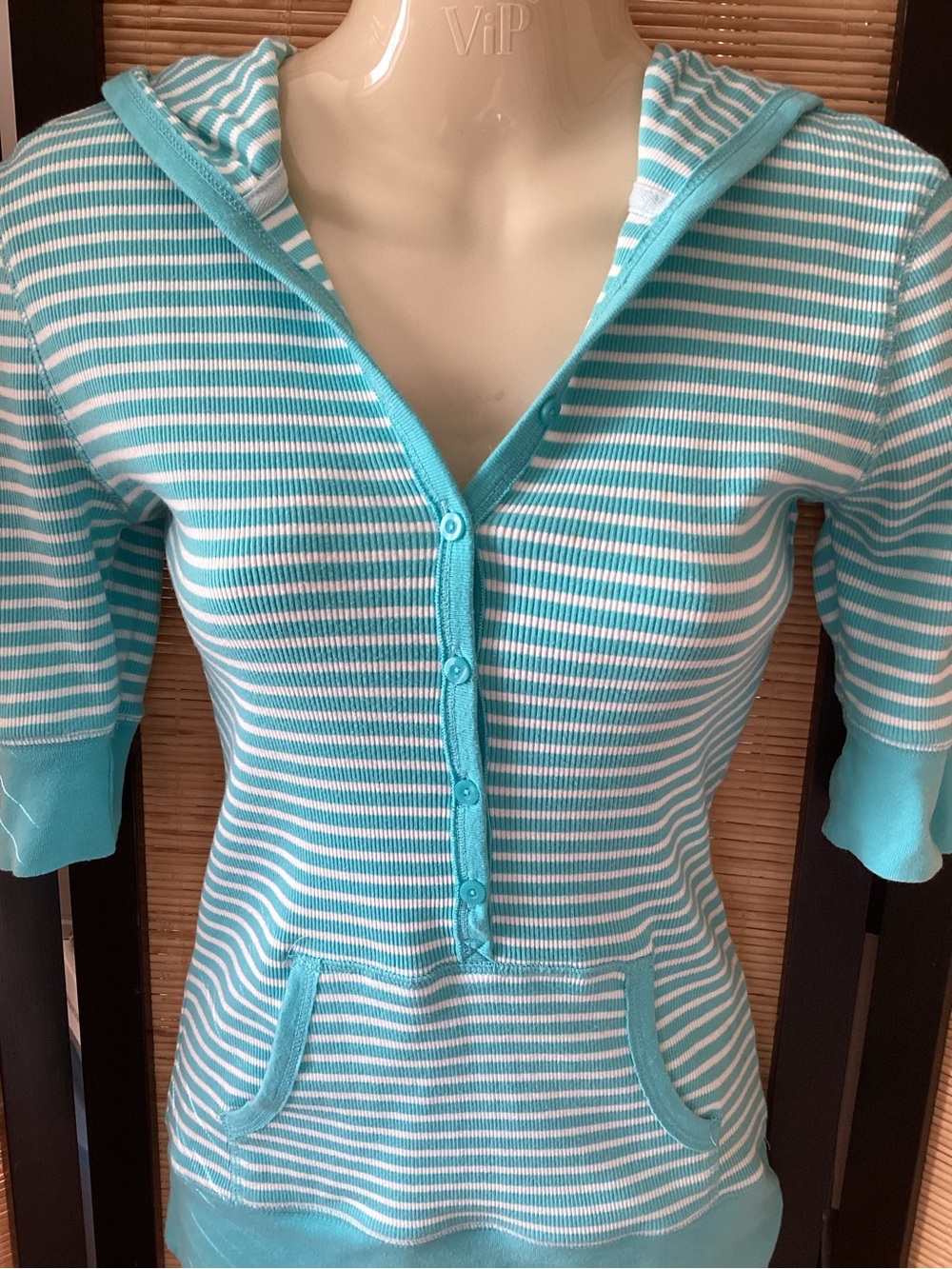 Vintage Y2K striped Henley top with hood and pocket Sz S short sleeve aqua white - Picture 7 of 9